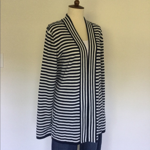 Talbots Sweaters - Talbots Lambswool Navy Stripe Open-Front Cardigan Size L